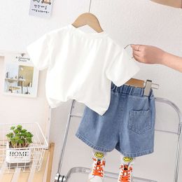 Summer Kids Clothes Boys Cartoon Bear & Ripped Denim Shorts 2 Pieces Suit Trendy Plaid Tracksuit Baby Girls Outdoor Outfit Set