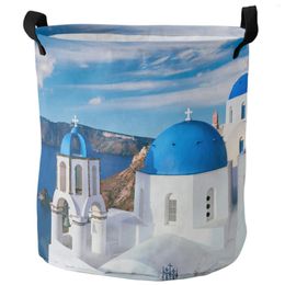 Laundry Bags Greece Santorini Blue Roof Church Dirty Basket Foldable Home Organizer Clothing Kids Toy Storage