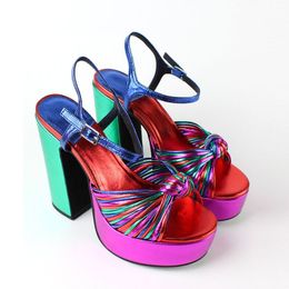 2024 new style lady suede Ladies leather chunky high heel sandals solid Cross-tied platform peep-toe wedding party shoes colourful Braiding weave buckle Patchwork