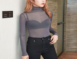 Women Sexy Lace Mesh Sheer T Shirt Transparent Tops Turtleneck See Through Cover Up Summer Female Tshirt8071434