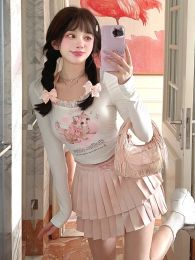 Japanese Kawaii Lolita 2 Piece Set Women Bow White Korea Sweet Cute Skirts Suit Print Halter Blouse + Lace Party Mini Skirt 2024