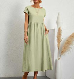 Basic Casual Dresses Womens Elegant Solid Summer Short Skirt Sleve O-neck Vintage Homestay Cotton Linen Comfortable Loose Pocket Long Skirt Y240524