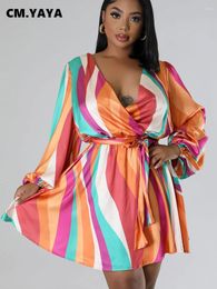 Casual Dresses CM. Women Striped Printed Long Sleeve Wrap V-neck Big Swing Dress 2024 Fashion Even Sexy Party Vestidos