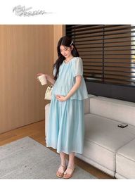Maternity Dresses Summer maternity clothing fake two-piece silk dress short sleeved O-neck pleated edge work patch loose fitting WX5.26OWV2