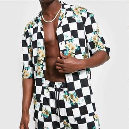 Men's Tracksuits 2022 Summer Mens Tracksuits Casual Black and White Plaid Flower Print Zebra Print Lapel Single Breasted Shorts Men Suit Plus Size Clothing0lhi