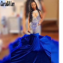 Party Dresses Elegant Royal Blue Prom For Black Girl Luxury Rhinestone Tassel Feathers Dress 2024 Glitter Vestidos De Gala