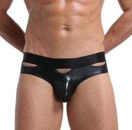 Underpants Men Pu Leather Brief Shiny Underwear Hollow Out GString Thongs Erotic Lingerie Sexy Nightclub Stage Wear Male Bulge Pa3537478