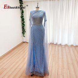 Party Dresses Elegant Dubai Saudi Blue Mermaid Evening Dress For Women 2024 Long Cape Sleeves Split Beaded Formal Prom Wedding Gowns