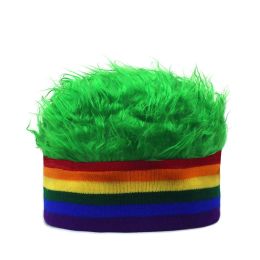 LGBT Knitting Rainbow Beanies with Wig Beanie Cap Gay Lesbian Short Hair Caps Colourful Skull Bonnet Unisex Peace and Love Gift