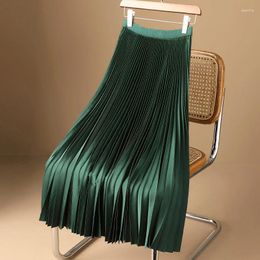 Skirts Rimocy Elegant Satin Green Women 2024 Summer Elastic Waist Pleated Woman All Match Solid Colour Midi Skirt Female