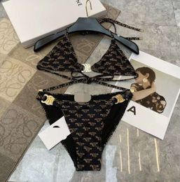 designer swimsuit sexy bikini classic vintage print graphic Swimsuit metal pendant wrap separates two piece set fashion