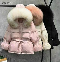 Women039s Down Parkas FTLZZ Large Natural Raccoon Fur Winter Jacket Women 90 White Duck Coats Thick Warm Sash Tie Up Short S8150555