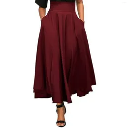 Skirts Women's Elegant High Waist Pleated A-line Swing Fashion Back Bandage Long Skirt Female Black/Gray/Red Office Wear