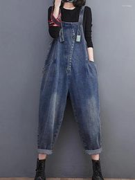 Women's Jeans Autumn Casual Baggy Women Vintage Wide Leg Straps Rompers Womens Jumpsuit Big Pockets Denim Overalls Harem Bib Pants 2024