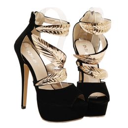 Fashion Luxury Women Designer Sandals Black With Gold Embellished For Women Party Prom Evening High Heels 14CM Free Shipping 208P