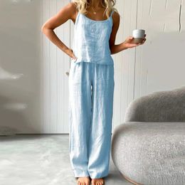 Women's Two Piece Pants Women Summer Suits Solid Color Thin Pajamas Sleeveless Suspenders Loose Wide Leg Trousers Long Straight Leisure