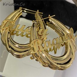 KristenCo 65mm Stainless Steel Bamboo Hoop Earrings Customized Name Earrings Bamboo Style Custom Earrings for Women Gift 210924 298q