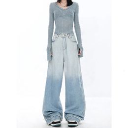 Женщины голубые мешковатые джинсы Harajuku 90 -х эстетическая уличная одежда для кисточки для джинсовой кисточки Y2K Jean Pants Vintage 2000 -х