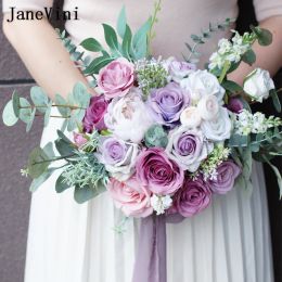 JaneVini Romantic Eucalyptus Roses Pink Purple Artificial Flowers Bouquet for Bride Europe Style Wedding Bouquets Buque De Noiva