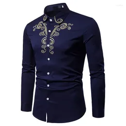 Ethnic Clothing Africa Embroidered Long Sleeve Blouse Man Navy Blue Muslim Shirt Lapel Clothes Arab Short Tunic Islamic