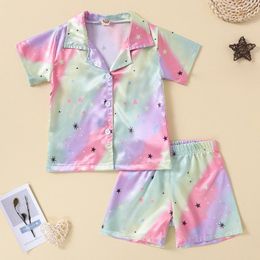 Clothing Sets Summer Kids Girls Pajama Colorful Print Single Breasted Shirts Shorts 2pcs Sleepwear Home Clothes 1 2 3 4 5 6 Years
