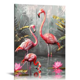 Animal tela Wall Art Flamingo Pink Family Painting Picture Picture Animal Love Tela Stampe opere d'arte rosa e grigia