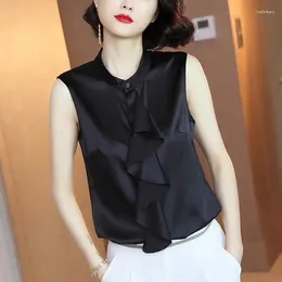 Women's Blouses Korean Style Versatile Acetate Satin Tops Blouse Candy Color Fashion Elegant Ruffled Ice Silk Shirt Black Slim Wild Tank