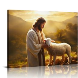 Jesus Canvas Print Wounded Lamb Soothed Christian Inspirational Wall Art Embrace of Divine Love Religious Framed Painting for Home Living Room Bedroom Decoration