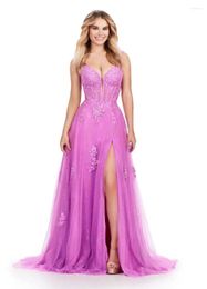Party Dresses Glitter V Neck Lace Tulle Prom Dress With Appliques Spaghetti Straps A Line Long Formal Evening Gown Open Back