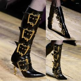 Boots European And American Metal Buckle High Heel Motorcycle Punk Style Shaped Sexy Nightclub Show Thigh