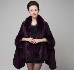 Knitted Fur Shawl Wrap Cape With Fox Fur Collar Fall Winter Knitted Cardigan Sweater Women Faux Fur Hood Cardigans5459646