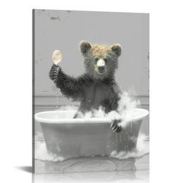 Black and White Animals Wall Art Bear Take Bath in A Bathtub Pictures Poster Funny Bathroom Decor Canvas Prints Painting for Kid's Room Bedroom Home Decoration Framed