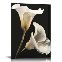 Flower Wall Decor for Bedroom, SZ Still Life Canvas Art Prints of White Tulip & Calla Lily Paintings, Elegant Floral Pictures (Bracket Mounted Ready to Hang)