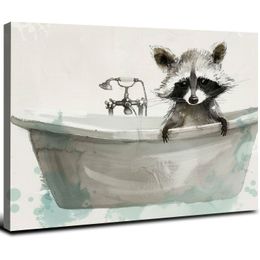 Waschbär in einer Wanne Lustige Tierbadezimmerzeichnung, herausragende Designstudio Wandkunst, grau gerahmt