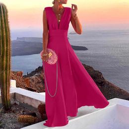 Casual Dresses Women Elegant Solid Colour V Neck Party Dress Sexy Backless Sleeveless Ladies Beach Long Vintage Female Summer