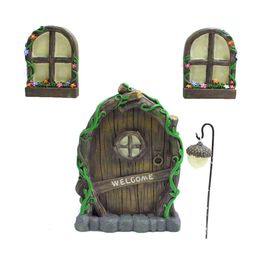 3Pcs Tree Sculpture Garden Gnome Window Door Resin Miniature Craft Elf Luminous Yard Art Ornament Home Decoration 240523