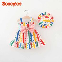Girl's Dresses 2 Pcs Summer New Baby Girls Sling Dress Colorful Stripe ldrens Clothing Send Hat (0-3 Years Old) H240527