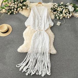 Work Dresses Bohemian Holiday Embroidery Hollowed Out Two Piece Set Women V-neck Loose Batwing Sleeves Cardigan Top Slim Tassel Long Skirt