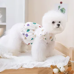 Dog Apparel Full Print Small Flower Pet Dress Summer Cool Breathable Princess Skirt White Puppy Flying Sleeve Clothes Teddy Bubble