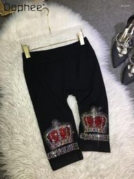 Women's Shorts European Goods Luxury Crown Rhinestone Women 2024 Summer Tight Cotton Black Skinny Pants All-Match Leggings Female