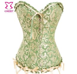 GreenGold Elegant Jacquard Overbust Corset Gothic Clothing W Ribbon Bow Sexy ett For Women Victorian Corsets and Bustiers7688463