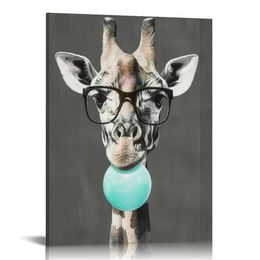 Giraffe Animal Bubble Gum Art Canvas Print Teal Blue Black and White Wall Art Home Decor Pop Art Living Room Ready to Hang