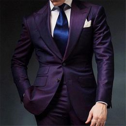 Purple Mens Wedding Suits Groom Tuxedos 2018 Two Piece Peaked Lapel Two Button Custom Made Groomsmen Suit Jacket Pants 296r