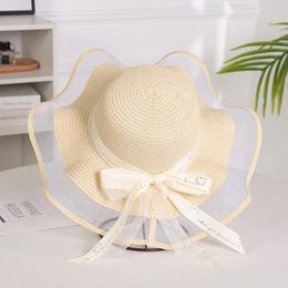 Foldable Big Brim Floppy Girls Straw Hat Sun Hat with Bow Elegant Protection Shade Fashion Women Beach Hat gorras 240527