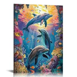 Blue Dolphins Canvas Wall Art Painting Wall Decor HD Print Wall Art for Living Room Bathroom Bedroom Decoration