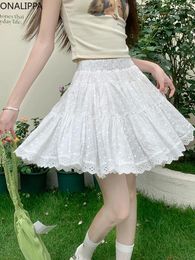 Skirts Onalippa Elastic Waist White Lace Mini Skirt Big Hem Hollow Out A Line Solid Women Clothing Korean Sweet Hook Flower