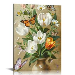 White Flower Picture Bathroom Decor Tulip Painting Art Print Vintage Floral and Butterfly Canvas Artwork Framed for Bedroom Ready to Hang