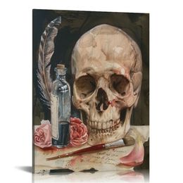 Oprawione ciemne akademia Wall Art Vintage Decor Pokój Estetyczny Gothic Moody Skull Canvas Malowanie wystroju