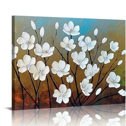 White Flowers on Canvas Wall Art for Living Room Bedroom Home Decorations Large Modern Stretched and Framed Painted Contemporary Pretty Abstract Floral Artwork L