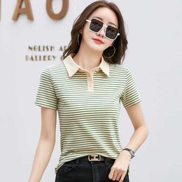 Women's Polos Korean style short Sve polo shirt womens cotton stretch fashion summer top elegant knitted striped T-shirt Y240527HNO7